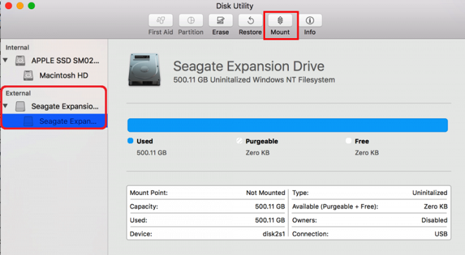 Seagate external hard drive not recognized/showing up on Mac